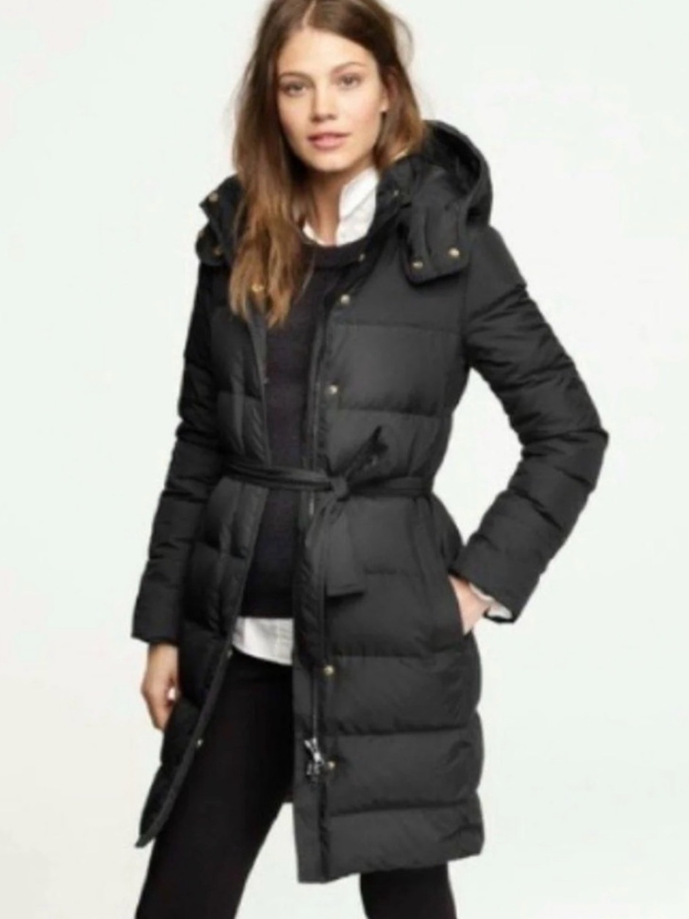 J.Crew Wintress Down Puffer Coat Black Belted Hooded Size XS